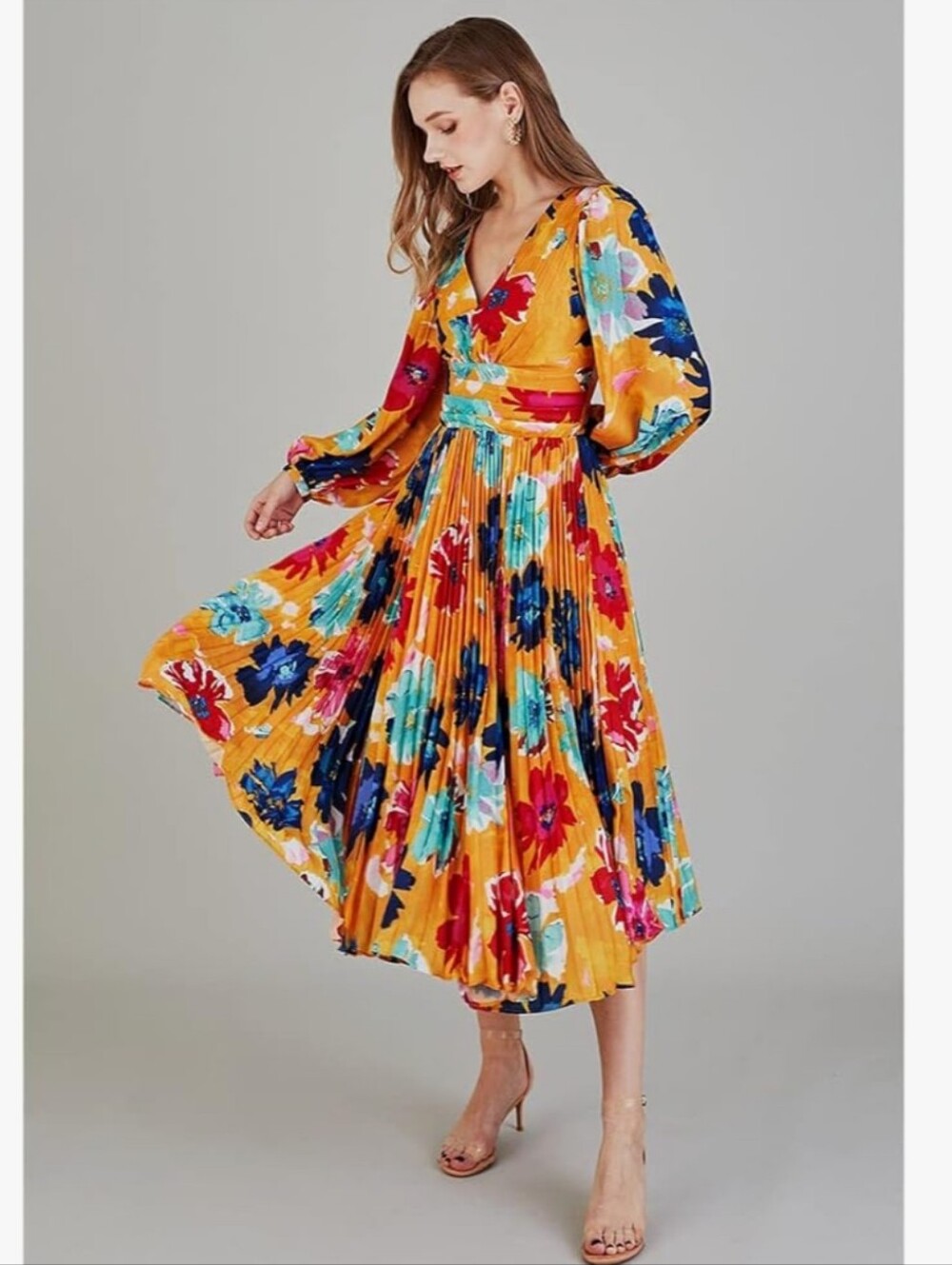 NWT Autumn Wedding Guest Dress Flowy Orange Floral Pleated Cutout Size S